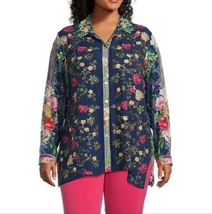 John Mark Embroidered Collar Neck 3/4 Roll-Tab Sleeve Hi-Lo Hem Button Front Top